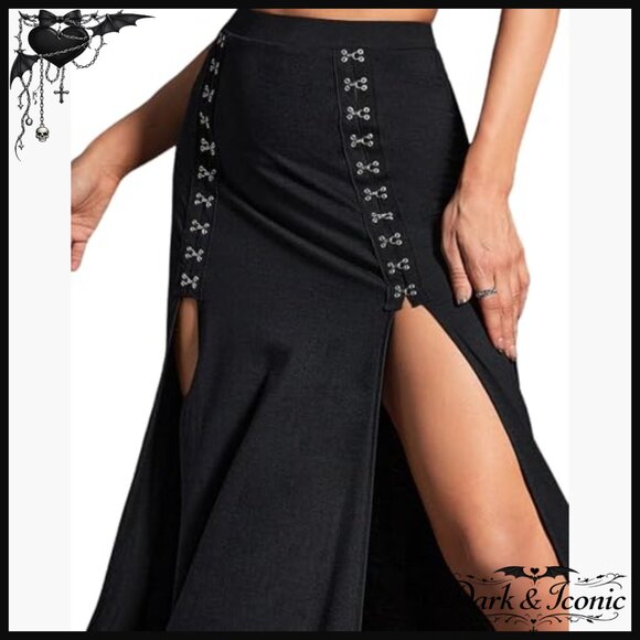 Stretchy High Waist Maxi Skirt with Double Slits Punk Gothic Style - Picture 6 of 7